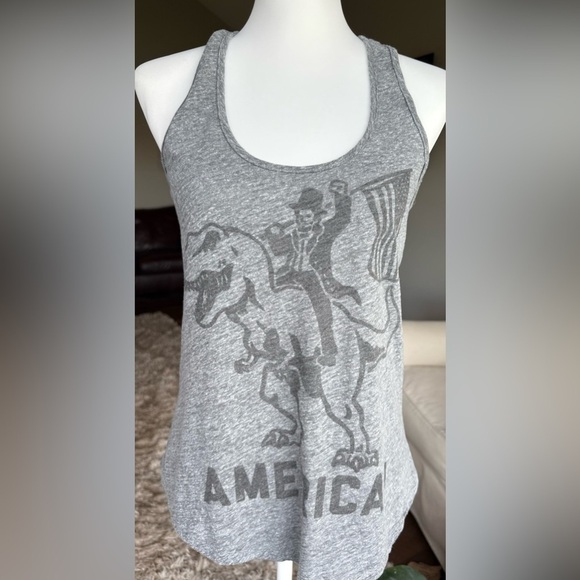 Buy Me Brunch Tops - Buy Me Brunch SMALL Gray Funny Patriotic Abraham Lincoln Riding a T Rex Tank